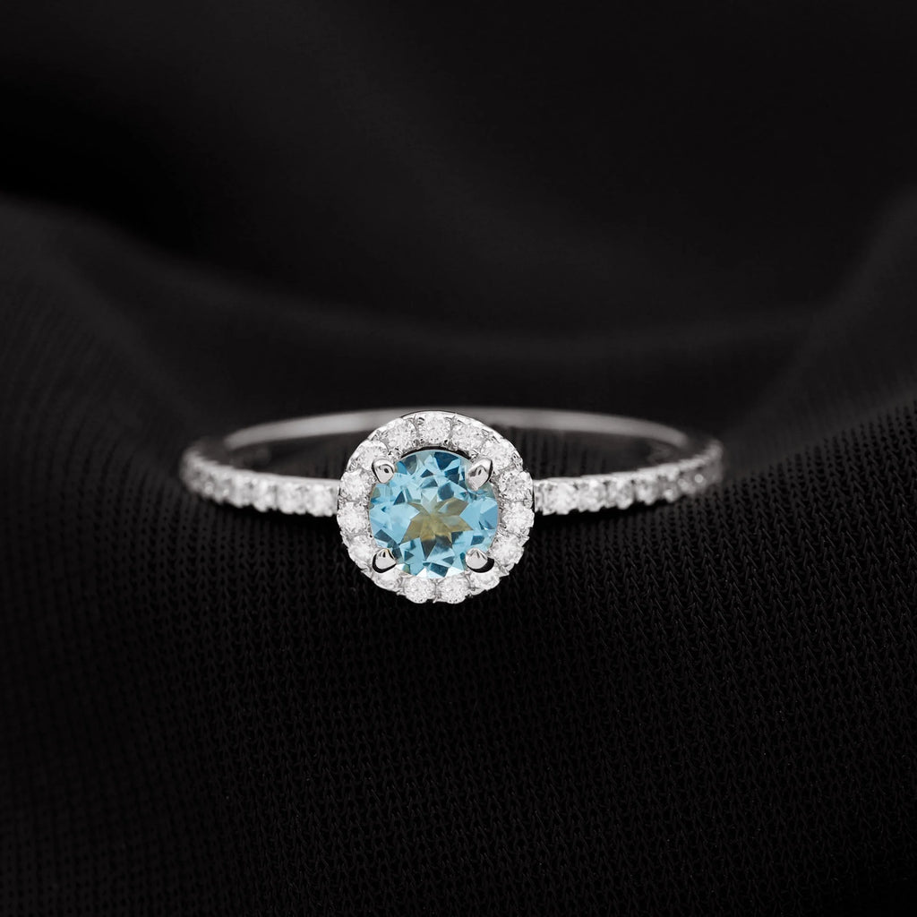 10K White Gold Aquamarine Ring with Diamond Halo C390