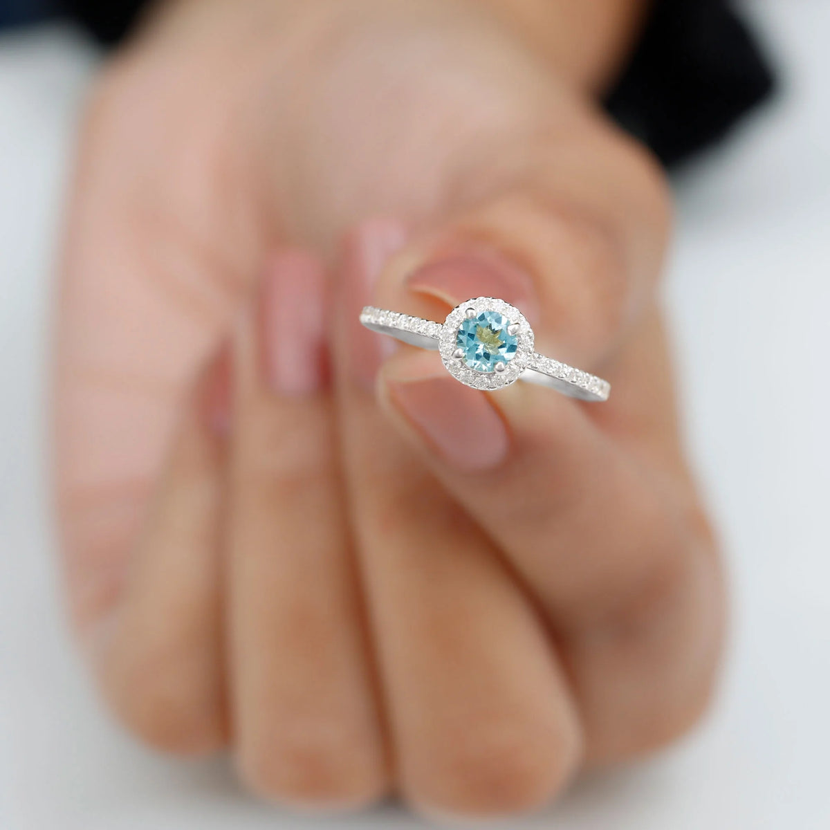 10K White Gold Aquamarine Ring with Diamond Halo C390