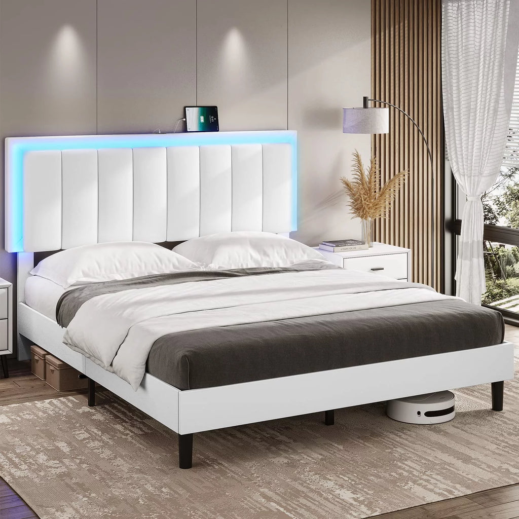 King Leather Upholstered Platform Bed with Charging Station and LED Lights G791891