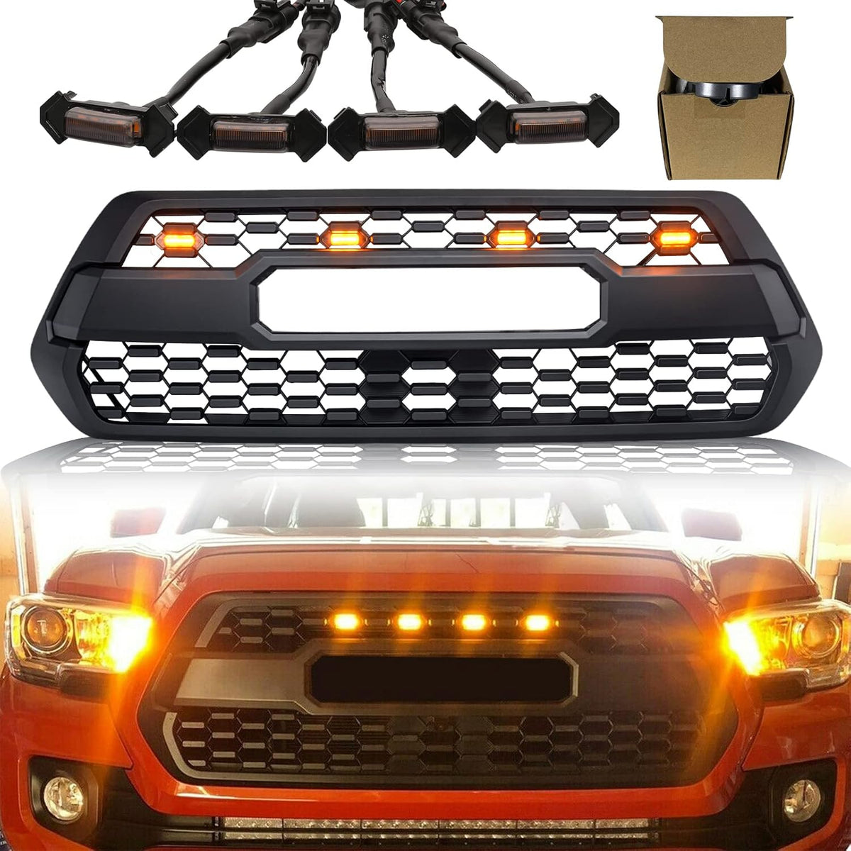Bright Black Front Grill with Grey Letters and Amber Lights C5189