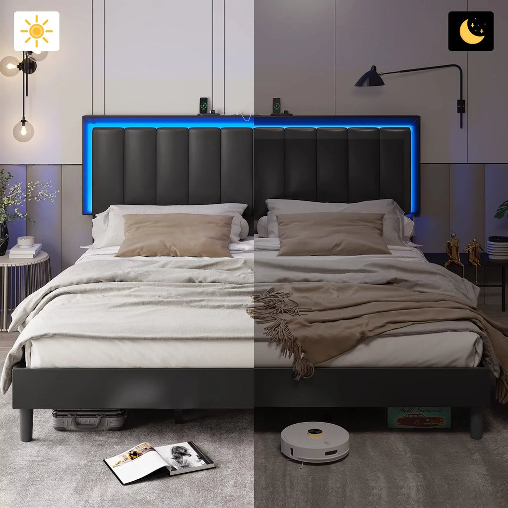 King Leather Upholstered Platform Bed with Charging Station and LED Lights G791891