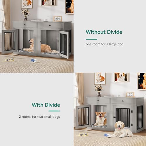 60" Wooden Dog Crate Furniture with Divider Storage Drawers Double Door Grey S4163