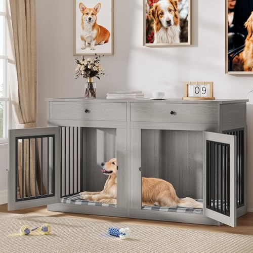 60" Wooden Dog Crate Furniture with Divider Storage Drawers Double Door Grey S4163